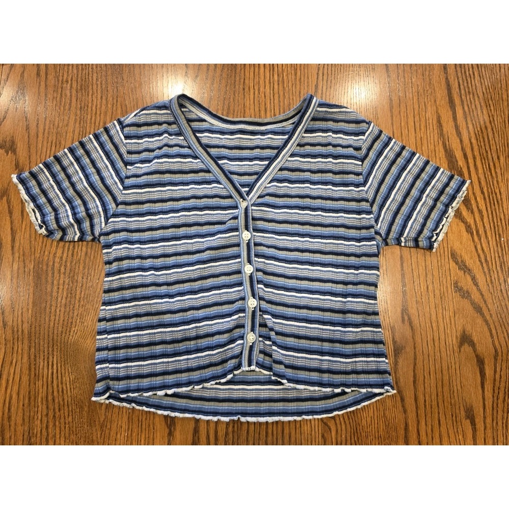 Blue Striped Ribbed Baby Tee Women's Size S Y2K Coastal Preppy Indie Grunge